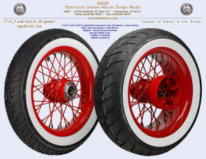 17x3.5 and 16x5.5, Apollo-SL, Red Baron, Black chrome plated nipples, White wall tires