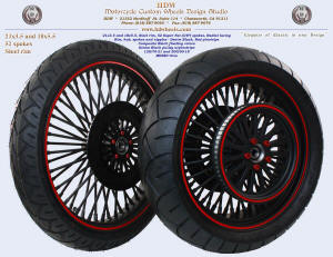 21x3.5 and 18x5.5, Steel rim, Super Fat spokes, Denim Black, Red pinstripe, Black rotor and pulley, Tires
