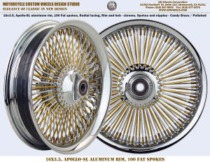 16x3.5 100 Fat spokes Radial chrome Candy Brass Harley