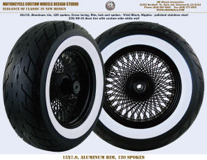 15x7.0 Aluminum rim 120 spokes Vivid Black 230 white wall tire