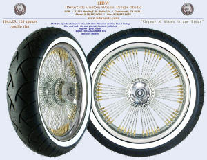 18x4.25, Apollo-SL, Fan-6, New Diamond spokes, Chrome, Gold nipples, Custom 160 white wall tire