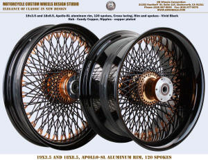 19x3.5 and 18x8.5 120 spoke wheel Harley black and copper