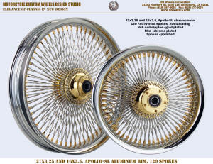 21x3.25 and 16x3.5 120 Fat Twisted spokes Radial chrome and gold Harley