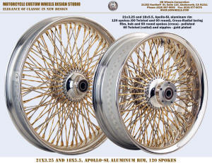 21x3.25 and 18x5.5 120 Twisted spokes Cross-Radial polished and gold