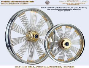 23x3.75 and 18x3.5 Fan-6 radial chrome and gold Harley Indian
