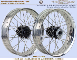 18x3.5 and 18x4.25 wheels Apollo-SL 36 spokes Polished and Vivid Black Sportster-48
