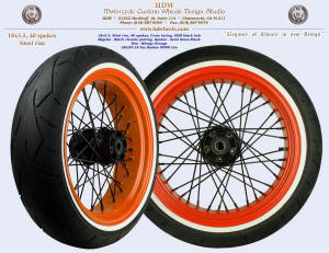 18x5.5, Steel rim, Mirage Orange, Semi Gloss Black, Black chrome plated nipples, 180/50-18 WWW tire