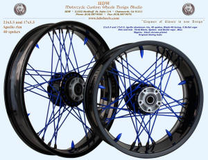 21x3.5 and 17x5.5, Apollo, Blade-48, Vivid Black, Blue spokes and 5 bullet caps, Harley hubs