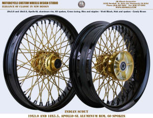 19x3 and 18x5.5 60 spoke wheel Indian Scout Black and Candy Brass Apollo-SL