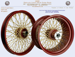 21x2.15 and 18x8.5, Steel rim, Twisted spokes, Fire Red Metallic, Gold plating