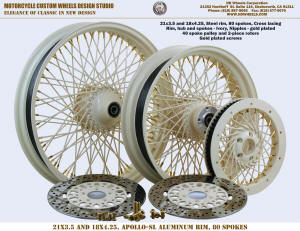 21x3.5 and 18x4.25 80 spoke wheel Harley Ivory gold rotor spoke pulley
