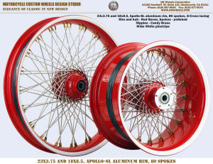 23x3.75 and 18x8.5 Harley wheel 80 spokes red brass wide white pinstripe