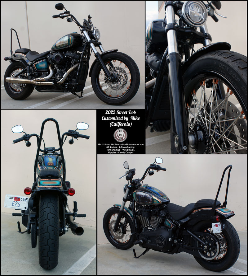 2022 Harley Street Bob with 60 spokes custom wheel black and copper