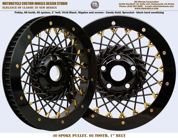40 spoke wire drive pulley Harley custom bike black and gold