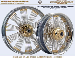 Harley 120 spoke wheels 21x3.5 and 18x4.25 chrome and gold plating Radial Fan-6