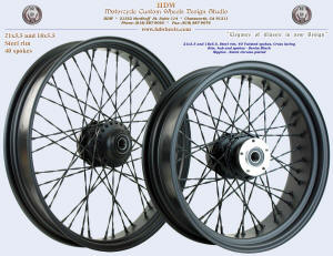21x3.5 and 18x5.5, Steel rim, Twisted Spokes, Denim Black, Black chrome plated nipples