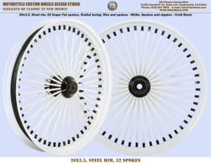 26x3.5 Super Fat 52 spokes Radial lacing Harley Indian custom motorcycle whtie and blackl